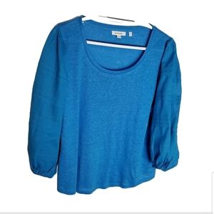 Chico's 2 Top Women's 12 Large Linen Blouse 3/4 Puffed Sleeves Blue